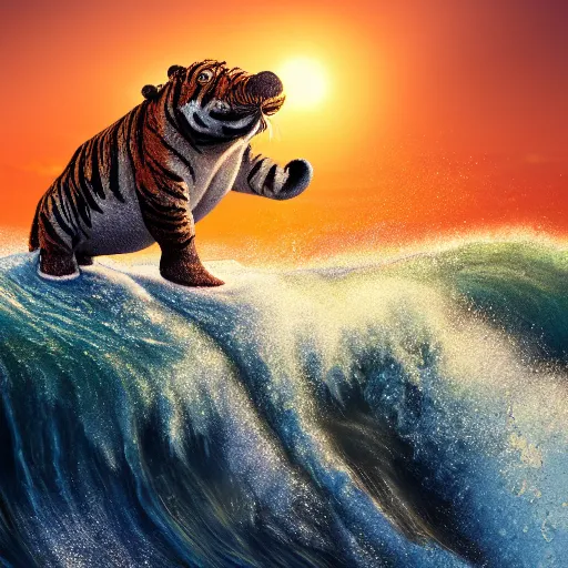 Image similar to a closeup photorealistic photograph of a smiling knitted tiger hippopotamus riding a large wave during sunset. surf in the background. professional capture. brightly lit scene. this 4 k hd image is trending on artstation, featured on behance, well - rendered, extra crisp, features intricate detail, epic composition and the style of unreal engine.