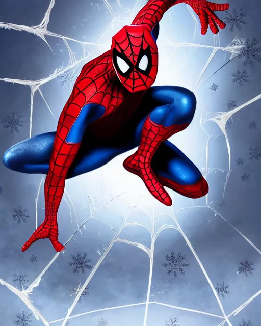 Image similar to spiderman in a christmas style spider suit, 8 k photo, portrait, dynamic lighting, fantasy concept art, trending on art station, stunning visuals, creative, cinematic, ultra detailed, comic strip style