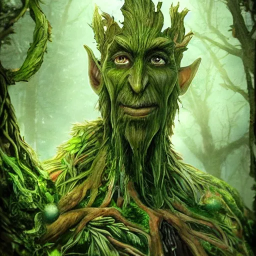 Prompt: giant green old treant creature, elven treant made of leaves and roots, old elven treant, old humanoid ents, elven face, old human face, old humanoid treant, epic fantasy style, green theme, forest background, hearthstone artwork