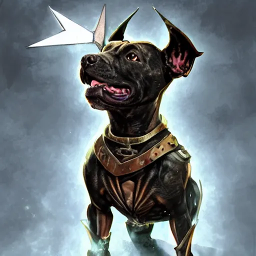 Prompt: Staffordshire bull terrier Dog, battle armour, Anthropomorphized, casting epic spell, magic the gathering artwork, D&D, fantasy, cinematic lighting, centered, symmetrical, highly detailed, digital painting, artstation, concept art, smooth, sharp focus, illustration, volumetric lighting, epic Composition, 8k, art by Akihiko Yoshida and Greg Rutkowski and Craig Mullins, heroic pose, oil painting, cgsociety, magic lab background