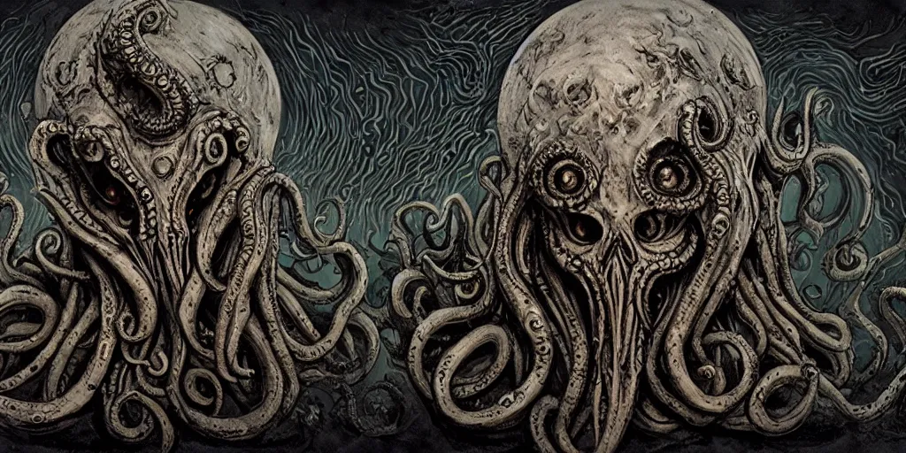 Image similar to lovecraftion god cthulhu, chaos, terror, art by paulc carrick, dave carson, john coulthart, lee brown coye, h. r giger, stephen hickman, sharp focus, smooth, clear, 8 k, hd, lighting, raytracting, dark, lovecraft, arkham, grotesque