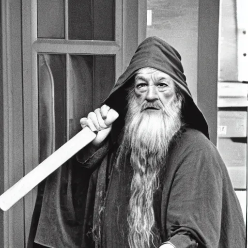 Image similar to Gandalf working as a school janitor circa 1985