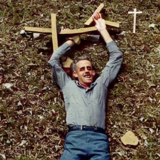 Image similar to Jordan Peterson laying in an open grave with a cross made of broken wood. He’s laughing. Photograph from horror movie 1980s.