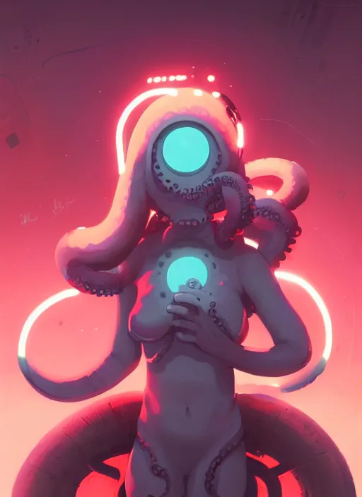 Image similar to portrait of cute octopus tentacle space girl with glowing red eyes, warhammer, cyberpunk by atey ghailan, by greg rutkowski, by greg tocchini, by james gilleard, by joe gb fenton, by in kaethe butcher, dynamic lighting, gradient light blue, brown, blonde cream and white color in scheme, grunge aesthetic, black background
