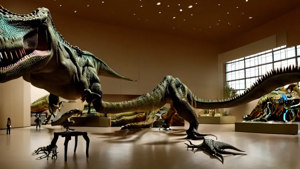 Prompt: a dinosaur relaxing at a museum, film still from the movie directed by Denis Villeneuve with art direction by Salvador Dalí, wide lens