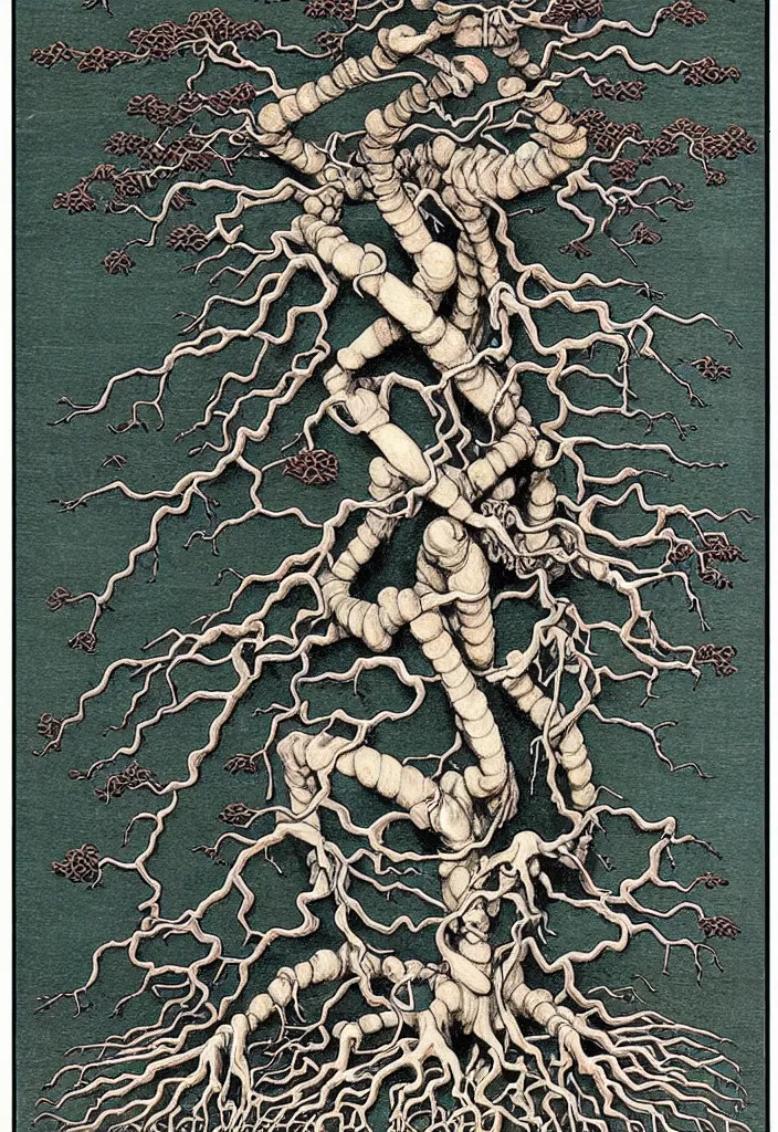 Image similar to prompt: anatomy dissection drawing skeleton Bonsai tree drawn by Takato Yamamoto, bonsai skeleton anatomy atlas, veins and organs attached to tree roots, alchemical objects inspired by 1980's sci-ci, old experimentation cabinet, intricate oil painting detail, manga 1980