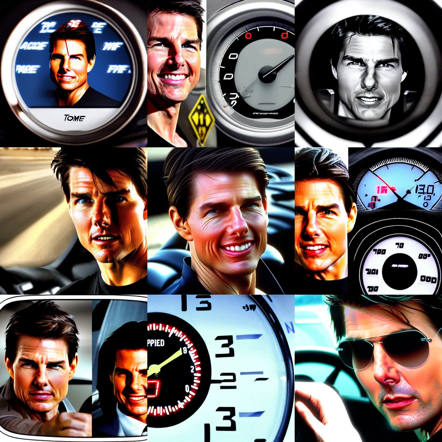 Prompt: tom cruise's face in a car speedometer, car speed controls with tom cruise's face, cruise control