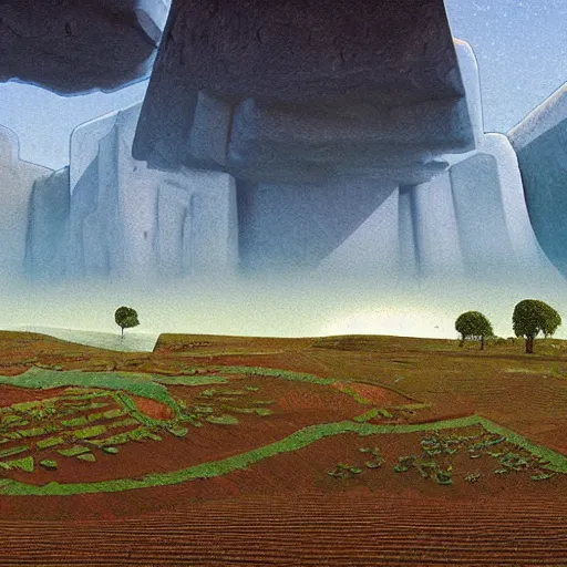 Image similar to beautiful rendered in zbrush ancient painting of a beatiful scenic farm surrounded by holographic Myrtle squares, by Jean Giraud and Zdzisław Beksiński and Chesley Bonestell and James Gurney,