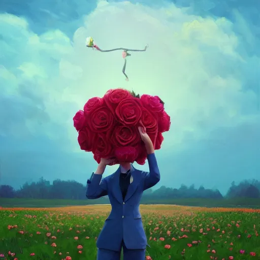 Image similar to portrait, giant rose flower head, girl dancing in a suit, surreal photography, sunrise, blue sky, dramatic light, impressionist painting, digital painting, artstation, simon stalenhag