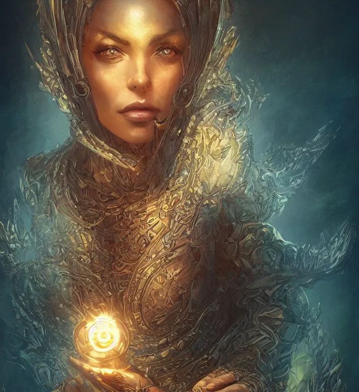 Prompt: unreal engine render of, centered Intricate portrait of a goddess, tarot card, dark souls colour scheme, luminal, smooth, coherent, high detailed, kerem beyit, Karol Bak, Chris Cold, james gurney, dan mumford, featured on artstation, instagram HD, unreal engine