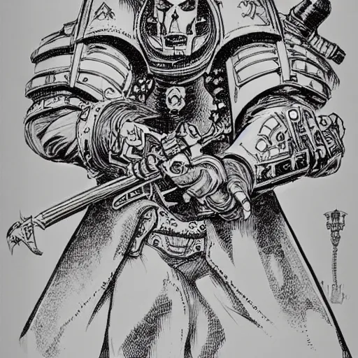 Image similar to a beautifully detailed Warhammer 40k Inquisitor Portrait. Pen and ink by moebius.