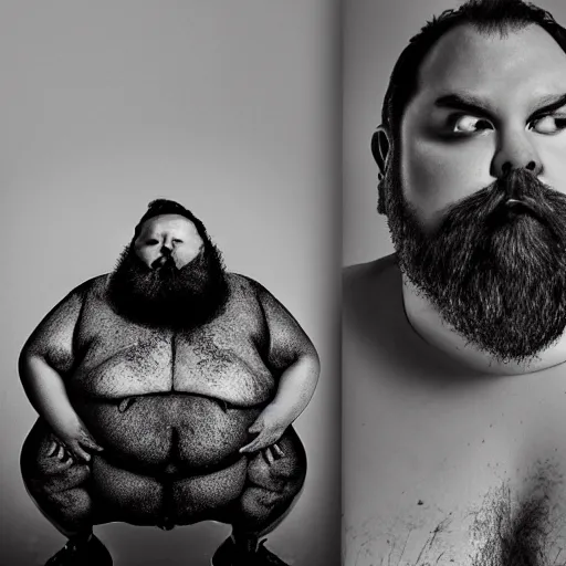 Prompt: extremely fat man with beard eating universe dark fanasy style fat folds