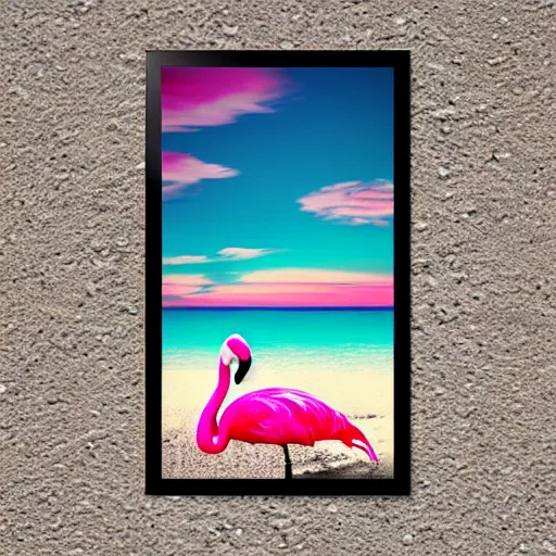 Prompt: flamingo under a beach sunset, t shirt design, macro, vibrant, 30mm photography, retro artstyle, wide shot, dramatic lighting, octane render, hyperrealistic, high quality, highly detailed, artstation, HD, beautiful, cinematic, 8k, unreal engine, facial accuracy, symmetrical