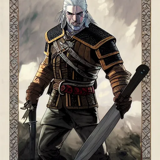 Prompt: geralt form witcher by RANGE MURATA and mucha