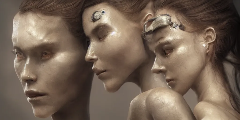 Prompt: hyper realistic photography of a beautiful cyborg female, intimate holding close, in the style of beth cavener, jin kagetsu, wlop, westworld opening scene, highly detailed, intricate filigree, symmetry, masterpiece, concept art, highkey lighting, ambient lighting, octane render, 8 k, artstation