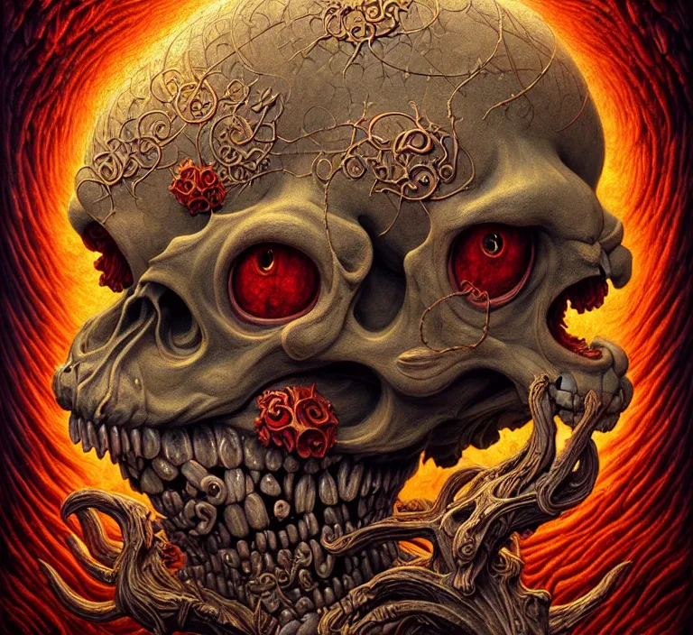 Image similar to A beautiful detailed grotesque monster super cute tarot card, by tomasz alen kopera and Justin Gerard, symmetrical features, ominous, magical realism, texture, intricate, ornate, royally decorated, skull, skeleton, whirling smoke, embers, red adornements, red torn fabric, radiant colors, fantasy, trending on artstation, volumetric lighting, micro details, 3d sculpture, ray tracing, 8k, anaglyph effect, digital art