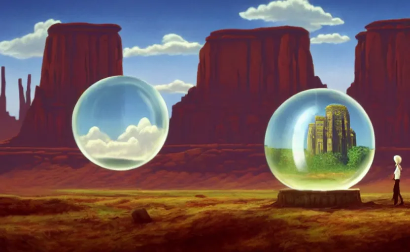 Prompt: a scary hyperrealist painting of a tribal elder in a giant transparent forcefield crystal ball from howl's moving castle ( 2 0 0 4 ) in a flooded monument valley stonehenge jungle. depth perception, 4 k, artstation, in the style of studio ghibli