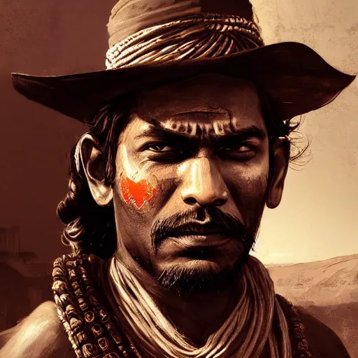 Image similar to portrait of an indian warrior, black paint on face, drawn by ruan jia, fantasy art, red dead redemption, django, town background, weird west, deadlands, dramatic lighting, digital art, 8 k, extremely detailed