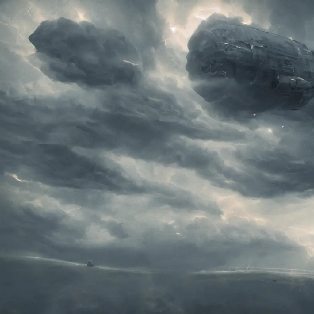 Image similar to screenshot from a renaissance airship cyberpunk cinematic masterpiece, hurricane tornado mist hail debris flying lightning, fps, cinematography, photo, photography, 4 k, by greg rutkowski, roger deakins