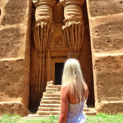 Image similar to a goblin with blonde long hair visiting Valle dei Templi, Agrigento, Italy