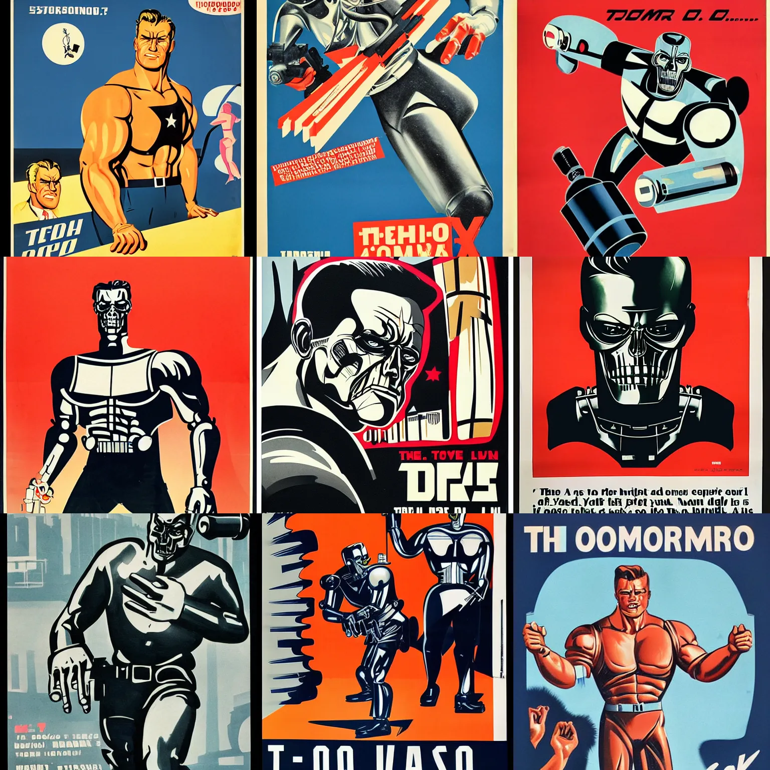 Prompt: 1950s propaganda poster of the T-800 Terminator