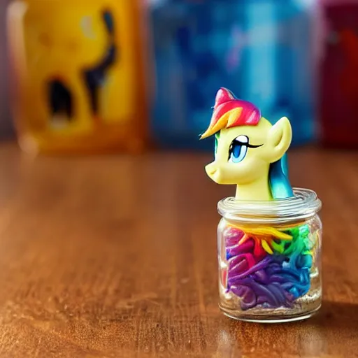 Image similar to a my little pony figure in a jar covered in a mysterious sticky yellowish fluid