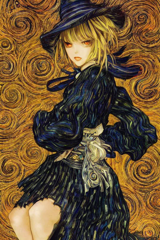 Image similar to Kirisame Marisa from touhou, official artwork, by Karol Bak, Jean Deville, Gustav Klimt, and Vincent Van Gogh, Surreality, otherworldly, fractal structures, arcane, ornate gilded medieval icon, spirals