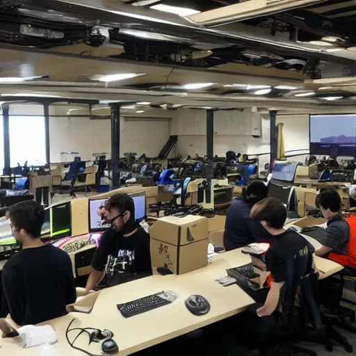 Prompt: a photograph of many video game developers working hard to ship a game