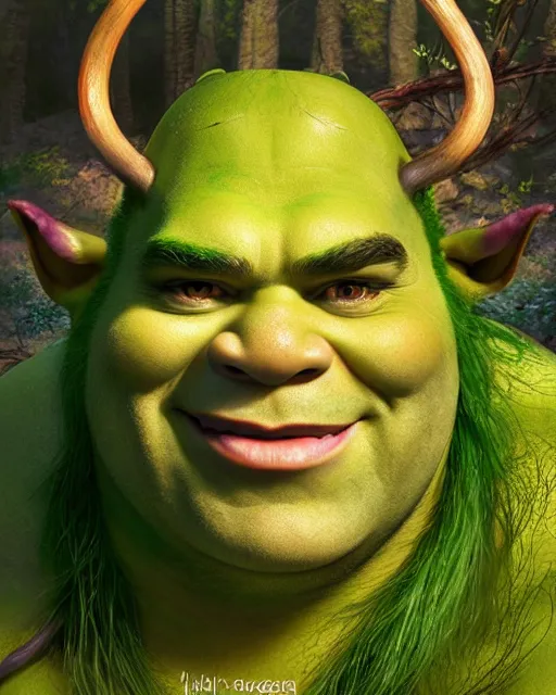 Image similar to portrait of beautiful shrek with green Elf antlers,nature,swamp,elegant,magical,highly detailed,artstation,concept art,illustration,by sakimichan,bouguereau,Ilya Kuvshinov,Ayami Kojima,Evanna Lynch