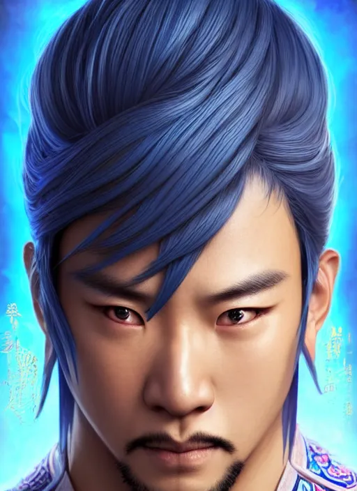 Image similar to male martial artist with a mongolian pigtail hairstyle!!!! asian facial features and blue eyes!! intricate ornate blue robes!! character concept art, sharp focus, octane render! unreal engine 5! highly rendered!! trending on artstation!! detailed linework!! illustration by artgerm, wlop, and chie yoshii