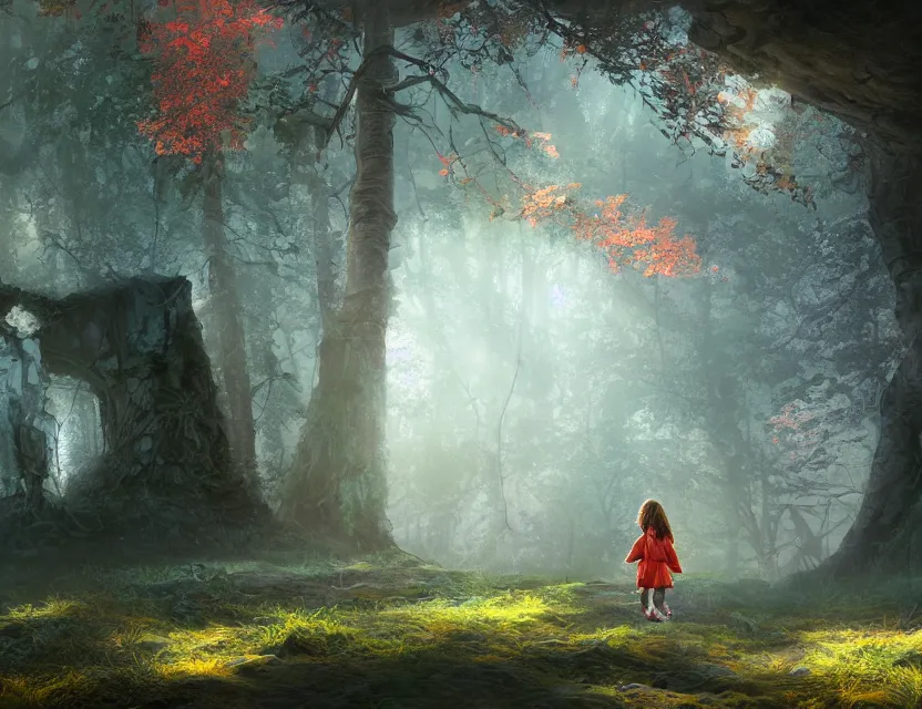 Prompt: little girl walking in an ancient forest, complementary colors, ruins, hyper realist matte digital painting, fantasy art, photo realistic, dynamic lighting, artstation, volumetric lighting