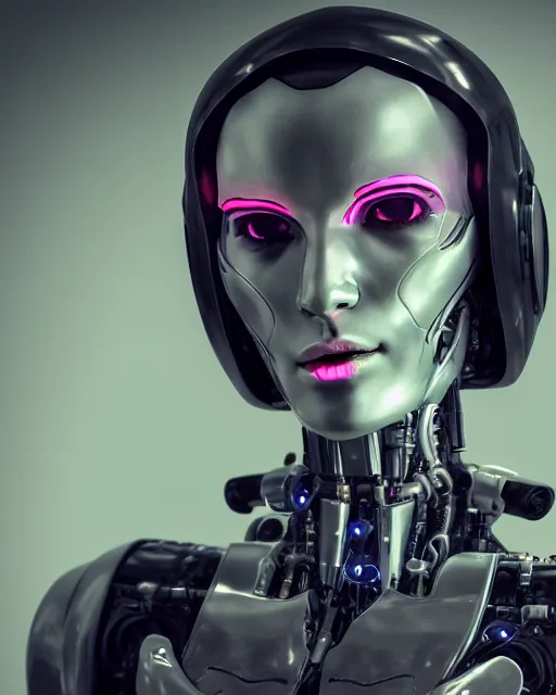 Prompt: photo of soulful female as a cyberpunk mecha humanoid robotic head and face parts with straight fluorescent lamps over face, ultra - realistic and detailed, long exposure, soft focus hdr 8 k