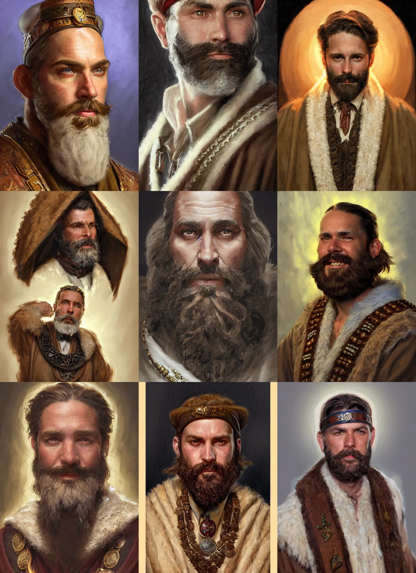 Prompt: a face portrait of a man in the 3 0 s with a short brown beard, wearing many medallions, white robes, style by donato giancola, wayne reynolds, jeff easley dramatic light, high detail, cinematic lighting, artstation, dungeons and dragons