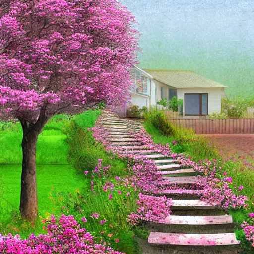 Prompt: blooming gravel path, house on a hill, digital art