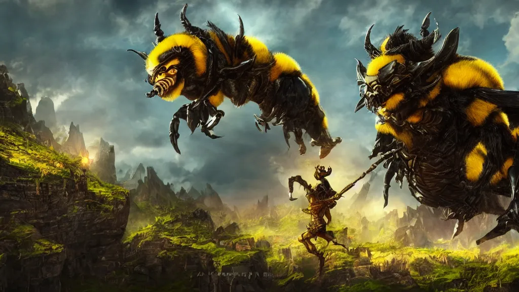 Image similar to giant bumblebee goblin, fantasy artwork, very very very beautiful scenery, hd, hdr, ue5, ue6, unreal engine 5, cinematic 4k wallpaper, 8k, ultra detailed, high resolution, artstation, award winning