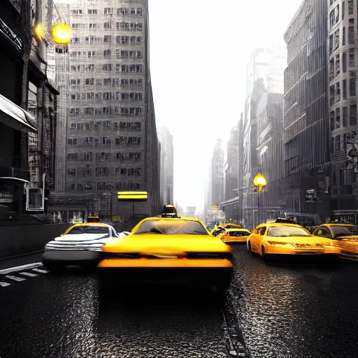 Image similar to « a man walking in a night raining streets, new york, big city, taxi, cars, shops one the side with neons, digital art, highly detailed, photorealistic, unreal engine 5, back view »