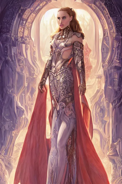 Image similar to Natalie Portman wearing Kida's outfit from atlantis, cute, fantasy, intricate, elegant, highly detailed, digital painting, 4k, HDR, concept art, smooth, sharp focus, illustration, art by artgerm and H R Giger and alphonse mucha