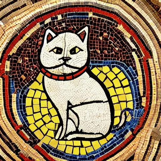 Prompt: a byzantine mosaic of a cute cat on a space station