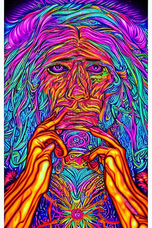 Prompt: a detailed digital neon illustration art of the man from burning man in the style of Alex Grey, lisa frank, psychedelic, fantasy, 8k, ornate, intricate, symmetry