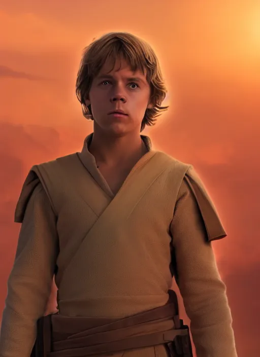Prompt: portrait of young luke skywalker in a heroic action pose against a tatooine sunset, close up, dramatic lighting, octane render, digital art