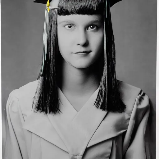 Image similar to high school graduation photo of a humanoid replicant 1 9 9 1, studio photography, mall photography