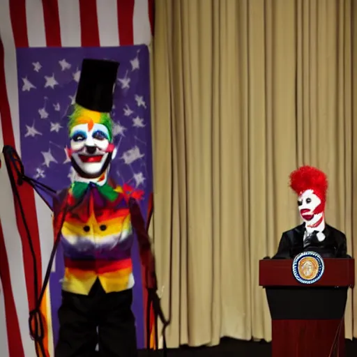 Image similar to string marionette of a president with clown makeup in a podium and a human shadow behind