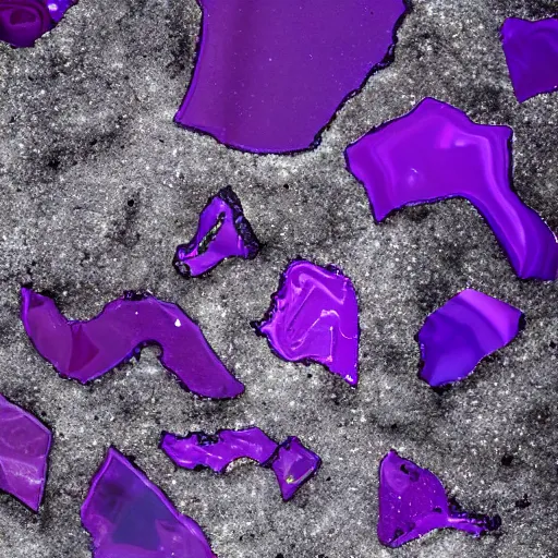 Prompt: purple shattered paint, broken glass, lava, conglomerate, slush, organized composition, satellite photo