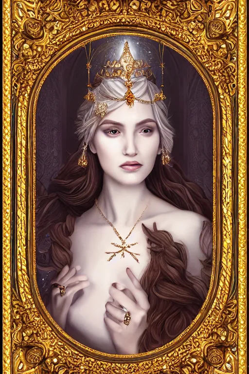 Prompt: portrait of a beautiful stunning peaceful majestic ice queen wearing intricate jewelry, oil on canvas, baroque style, perfect symmetrical face, mood lighting, ornate and elegant, winter, philosophical, painterly, 🌚, digital art, detailed, trending on artstation