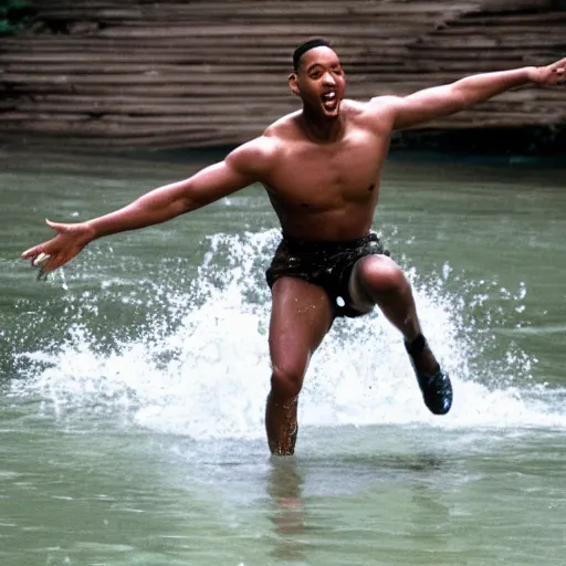 Image similar to will smith skipping over a river
