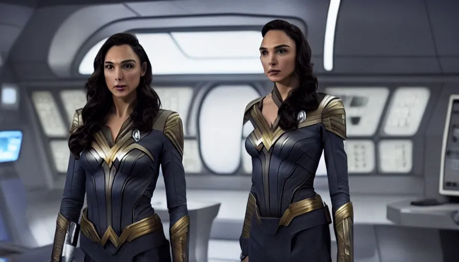 Image similar to Gal Gadot, in full starfleet uniform, is the captain of the starship Enterprise in the new Star Trek movie