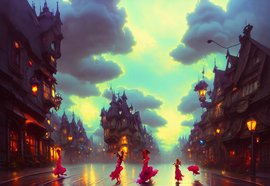 Image similar to funk dance girls going crazy on the street layered clouds, deep focus, fantasy, intricate, elegant, highly detailed, digital painting, artstation, concept art, matte, sharp focus, illustration, hearthstone, art by rhads and artgerm and greg rutkowski and alphonse mucha. gediminas pranckevicius