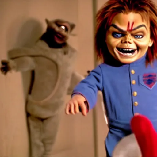 Prompt: Micheal Jackson chuckles as chucky in cinematic art