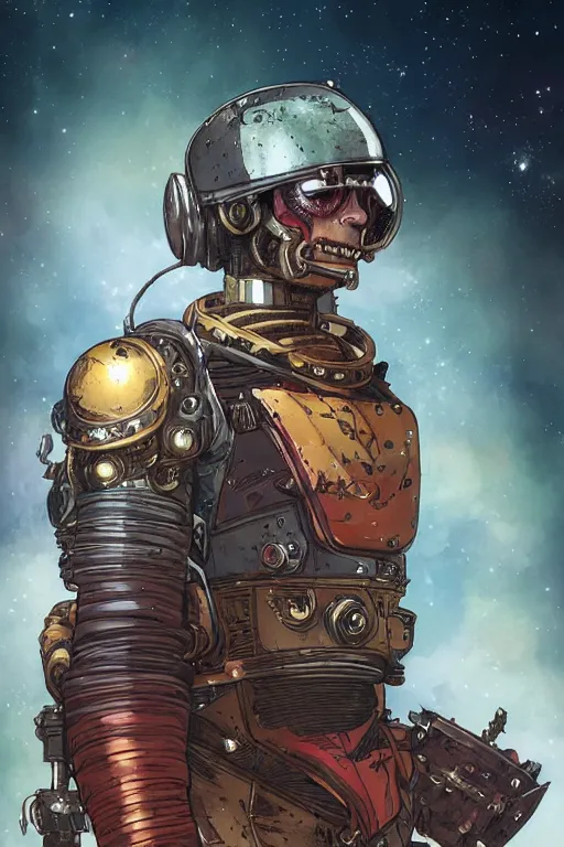 Image similar to Portrait of deadly space pirate warrior near spaceship wreckage, metabaron, stars, sun, planetes, highly detailed, digital painting, artstation, concept art, smooth, sharp focus, illustration, art by Juan Giménez and moebius