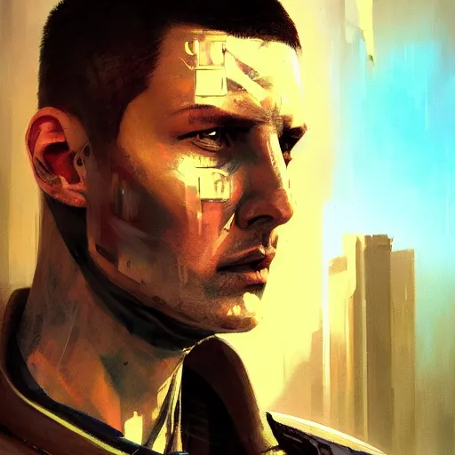 Image similar to cyberpunk, armitage, closeup portrait of a stoic ex soldier with a battlescar and light blue eyes, brown buzzcut, cyborg, dramatic light, city background, sunset, dystopian setting, high contrast, sharp, neuromancer, painted by stanley lau, painted by greg rutkowski, painted by stanley artgerm, digital art, trending on artstation